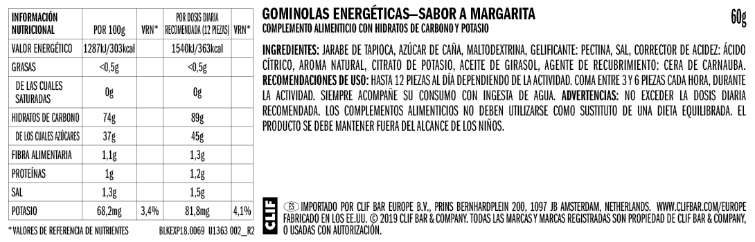 Valor nutricional Clif Blocks Gominolas Energéticas - Margarita Limón